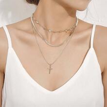 十字架吊坠多层项链，前卫金属刀片链条颈链，百搭女士项链 - 金色 - 查看 2