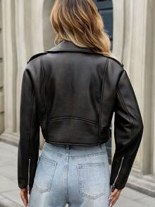 Women's Distressed Faux Leather Bomber Jacket, Loose Fit Motorcycle Jacket - Dark Brown - View 9