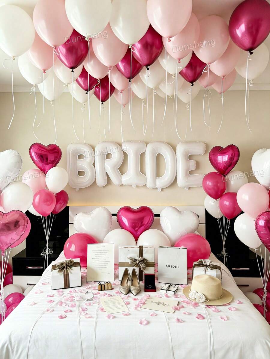 Conjunto de Balões para Decoração de Noiva 18/52/57 Peças - Faixa BRIDE Branca de 40 Polegadas + Balões de Látex Rosa Choque, Rosa Macaron e Branco Fosco + Pétalas de Tecido Não Tecido Reforçado + Balões de Folha em Formato de Coração Perfeitos para Decoração de Quarto de Despedida de Solteira, Chá de Panela, Casamento, Cabine de Fotos de Casamento, Suprimentos para Noiva - Multicolorido - Visão 1