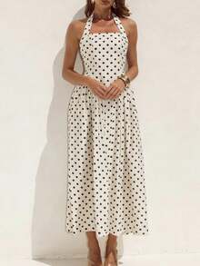 Women's Polka Dot Halter Neck Maxi Dress, Square Neck Sleeveless Backless Flared Long Dress With Pockets, Vintage Bohemian Style For Beach Vacation Casual Party, Spring Summer Elegant Occasion - 白色 - 查看 2