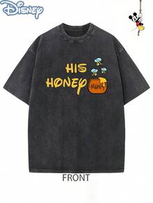 Disney Officially Licensed Graphic T Shirts 100 Percent Cotton  Shirt,  Honey Couple T-Shirt, Unisex, Washed 230g, Retro Vintage, Crew Neck Short Sleeve, Casual Daily Wear - 黑色 - 查看 2