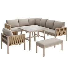 Garden Furniture Set Rope-Weave Outdoor Sofa Set With Galvanized Steel Frame Adjustable Legs L-Shaped Sofa Tempered Glass Table Top Includes All Seat And Back Cushions Beige - 米色 + 鐵 - 查看 8