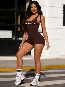 WEGIRL Sexy U-Neck One-Piece Romper,Spaghetti Strap Sleepwear Bodysuit With "WET" Print, Home Loungewear,Lingerie Playsuits,Casual Loungewear Playsuit For Daily Casual,Home Lounge - 咖啡棕 - 查看 5