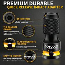 3 件套冲击扳手转 1/4 英寸六角转换器，1/2、3/8、1/4 英寸驱动内螺纹转 1/4 英寸六角适配器，冲击扳手批头夹持器，快速释放批头夹持器套筒适配器，用于快速安装和拆卸 - 黃色和黑色 - 查看 3