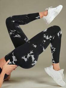 UONNOU 1 chiếc quần thể thao nữ cạp cao, không đường may, nhuộm tie-dye, thích hợp cho yoga, chạy bộ, tập luyện, mùa xuân/hè. - Đen và trắng - Xem 4
