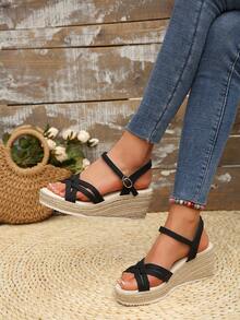 Plus Size Women's Summer Sandals, Hemp Rope Sole, Fashion Wedge Thick Bottom, Black & Yellow,Travel Essential - Black - View 3