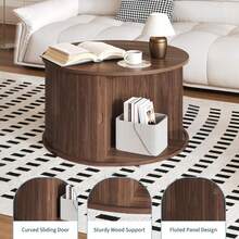 Mesa de café redonda clásica de 28 pulgadas mediados siglo con almacenamiento diseño acanalado puerta deslizante tambor fácil montaje perfecta para sala de estar hogar acento vintage - Nuez - Ver 4