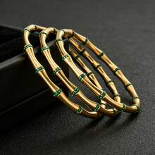 Vòng tay thép không gỉ hình tre đính ngọc lục bảo cao cấp 18K, thích hợp cho nữ giới đeo hàng ngày, dự tiệc, tiệc chiêu đãi, kỳ nghỉ, làm quà tặng, trang sức mọi mùa. - Vàng - Xem 3