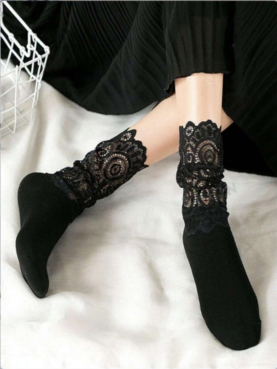 1/2/4 Pasang Kaos Kaki Wanita Warna Polos Setinggi Betis - Hitam - View 1