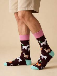 1 双男士深棕色和浅蓝色撞色山羊图案中筒袜，四季皆宜。 - 彩色 - 查看 4