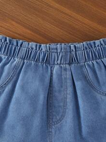 1 buah Celana Pendek Denim Warna Terang untuk Anak Perempuan, Kasual, Sehari-hari, Nyaman, Segar, Warna Pink Manis, Bordir Hati dengan Patchwork Renda Kecil - Light Wash - View 4
