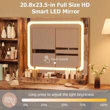 Escritorio de maquillaje modern con espejo y luces LED mesa de vanidad con cajón toma de corriente silla con almacenamiento 3 estantes dormitorio - Marrón - Ver 4