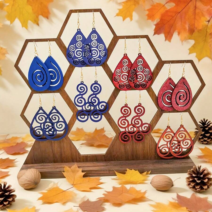 8 Pairs Autumn Retro Spiral Wooden Earrings Set, Hollow Out Design Water Drop Earrings, Suitable For Party, Daily Commute, Autumn/Winter Outfit Matching Jewelry - Multicolor - View 1