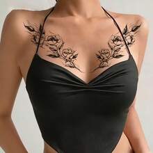 2张时尚炫酷临时纹身贴纸，情侣纹身，黑色假纹身，一次性纹身，玫瑰、花朵、链条设计，防水，不反光，易于粘贴和去除，高度逼真，男女皆宜，可贴于腿部、脚部、胸部、大腿、手臂、腰部、腹部，音乐节派对用品 - 黑色 - 查看 2