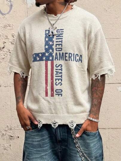 春夏男女通用撞色十字美国国旗做旧流苏休闲街头风百搭通勤圆领短袖针织衫，杏色毛衣