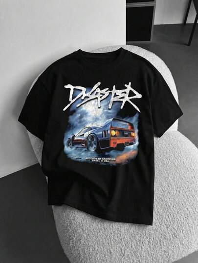 男士复古赛车图案印花圆领短袖T恤，舒适透气，适合夏季穿着