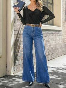 女士新款高腰显瘦阔腿牛仔裤，休闲优雅，舒适百搭，春季日常穿着 - 中等水洗藍 - 查看 5