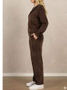 Velvet Plush Set/Women's Zipper/Hood - Coffee Brown - View 3