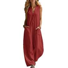 European And American Summer Women's Clothing Solid Color Double Pocket Casual Linen Cotton Sleeveless Jumpsuit - 橄欖綠 - 查看 6
