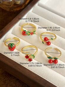 5件套奢华时尚精致草莓樱桃甜美可爱优雅铜质微镶开口戒指套装，适合度假、派对、节日佩戴（不含礼盒） - 金黃色 - 查看 3