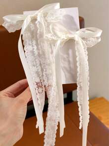 2个白色蕾丝蝴蝶结发夹，女孩优雅蕾丝长尾发夹，纯色刺绣网纱蝴蝶结鳄鱼夹，仙女风发饰，适合青少年，可用于节日、婚礼、派对等场合。 - 白色 - 查看 4