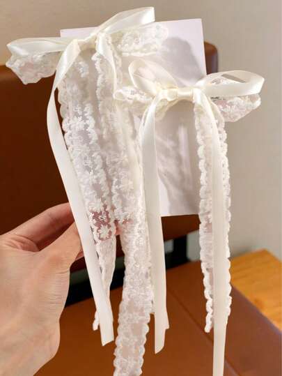 2pcs White Lace Bow Hair Clips, Girls Elegant Lace Long Tail Barrettes, Solid Color Embroidered Mesh Bow Alligator Clips, Fairy Style Hair Accessories For Teens, Suitable For Holidays, Weddings, Parties