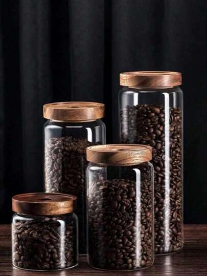1pc Glass Jar With Wooden Lid & Airtight Seal, Transparent Storage Container For Candy, Food, Spices, Salt, Sugar, Coffee, Tea