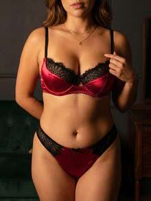 Women's Lace Patchwork Bra Set, Sexy Lace Comfortable Fitted, Fashionable Romantic Minimalist Ladies Panty And Bra Set, Valentine's Day - 酒紅色 - 查看 4
