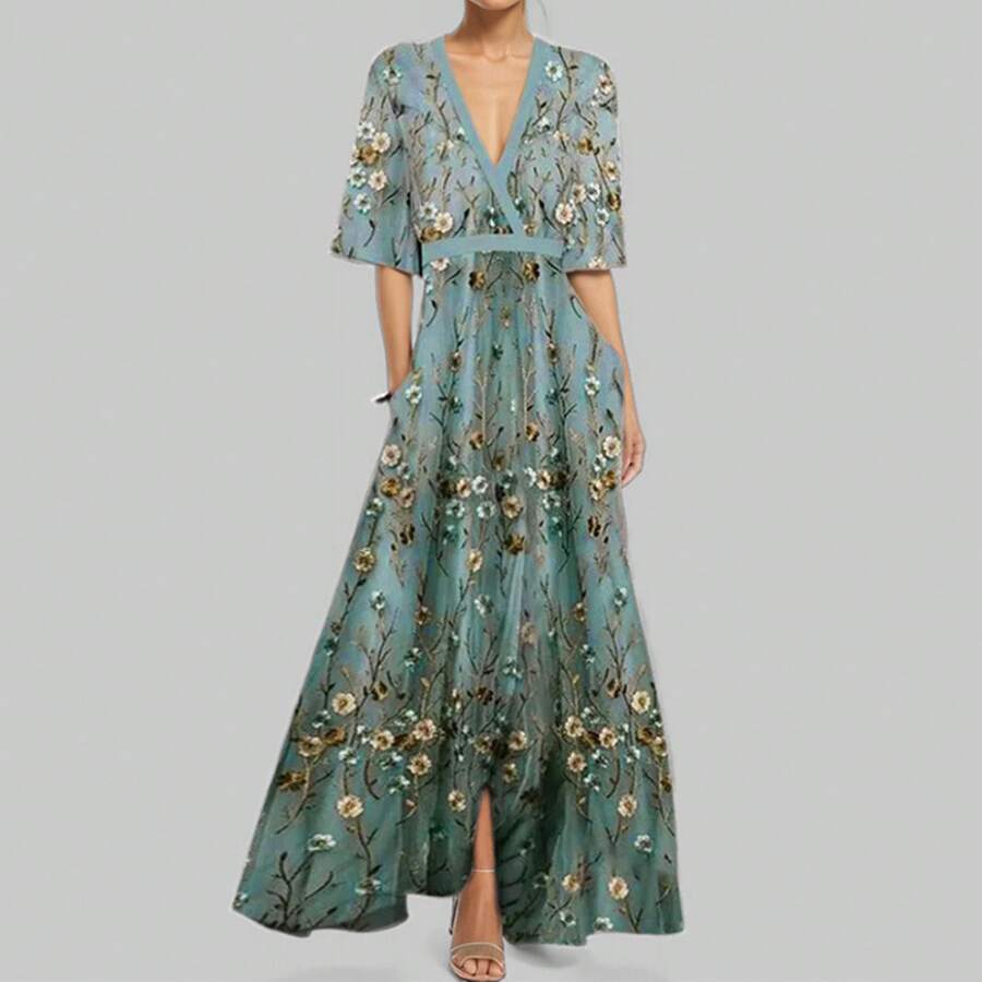 2026 Women's Clothing European And American Spring New Fashion Elegant V-Neck Printed Tie Dress - 28480-藍灰色 - 查看 1