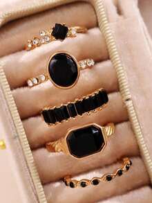 5pcs Set Fashionable Exquisite Luxury Versatile Casual Elegant Rhinestone Black Gemstone Gold Alloy Rings, Suitable For Girlfriend, Wedding Engagement - Multicolor - View 2
