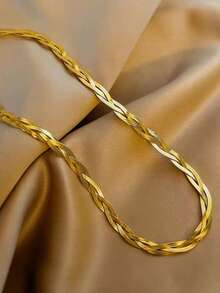 RAYQUEEN 1pc Handmade Stainless Steel 3-Color Chain Design Necklace & Bracelet Set, Suitable For Daily Wear And Gift - Yellow Gold - View 3
