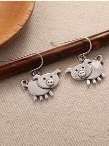 Vintage Boho Style Pig Shaped Pendant Earrings - Copper Earring Hooks, No Inlays, Lightweight For Daily Wear And Gift, Suitable For All Seasons And Festivals - Antique Silver - View 2