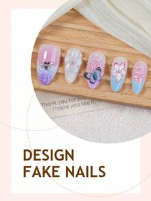 10pcs 3D Gradient Flower & Butterfly Decor Water Wave Rhinestone Design Y2K Style Glossy Full Cover Acrylic Nail Stickers, Suitable For Almond-Shaped Nails, Daily Wear For Women & Girls, Spring - Multicolor - View 4