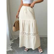 Chân váy maxi dáng chữ A thoải mái dành cho nữ, viền ren Pháp, eo dây rút, thích hợp cho kỳ nghỉ hè, mùa xuân. - Màu be - Xem 3