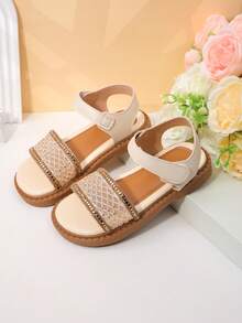 1 Pair Girls' Beige Rhinestone Mesh Sandals For Luxe Elegant Summer Wear - Apricot - View 4