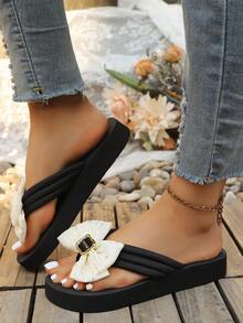 New Summer Slippers Women Shoes Outdoor Non-Slip Thick Sole Beach Sandals Casual Holiday Fashion Flip Flops - Mini Beige Bow - View 3