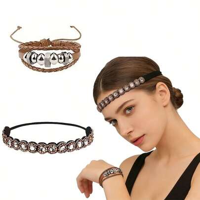 Hippie Headband Set, Retro Bohemian Style Headband, Bracelet, Costume Accessories For Carnival, Halloween, Cosplay, Party, Birthday Gift