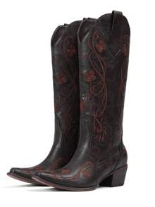 Western Boots For Women Floral Embroidered Pull On Boots Pointed Toe Chunky Heel Long Boots Classic Cowboy Cowgirl Boots Knee High Western Boots For Dressy Party Walking Shoes - màu nâu cổ điển - Xem 4