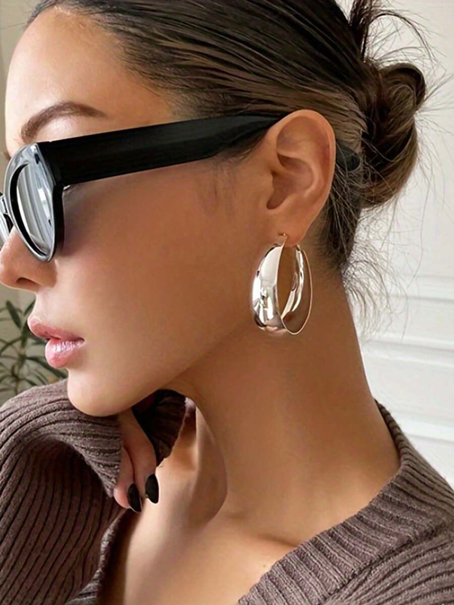 一对欧美风格宽圈耳环,女士个性化耳环 - 銀色 - 查看 1