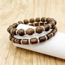 2pcs/Set Gelang Kayu Alami, Gelang Kayu Elastis Buatan Tangan Kreatif Minimalis, Aksesori Fashion Unisex, Desain Buatan Tangan, Cocok untuk Pemakaian Sehari-hari dan Hadiah - Warna kayu alami - View 5