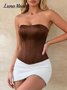 Top con cierre de mujer Luna Muse, nueva moda primavera/verano. Corset negro de otoño, corset vintage de espina de pescado negro sexy, top corto con tirantes finos, elegante y ajustado, adecuado para uso diario, fiesta, vacaciones, casual, citas, calle, actuaciones, exterior, vuelta al colegio, estilo punk, Acción de Gracias, festivales de música, San Valentín, fiesta de Año Nuevo - Café integral - Ver 6