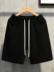 EWH Unisex Casual Solid White Knit Shorts For Men & Women, Elastic Drawstring Waist Loose Fit Knee-Length Bermuda Shorts With Pockets, Soft Breathable Cotton Blend Summer Lounge Shorts, Comfortable Everyday Streetwear For 2026 - 黑色 - 查看 1