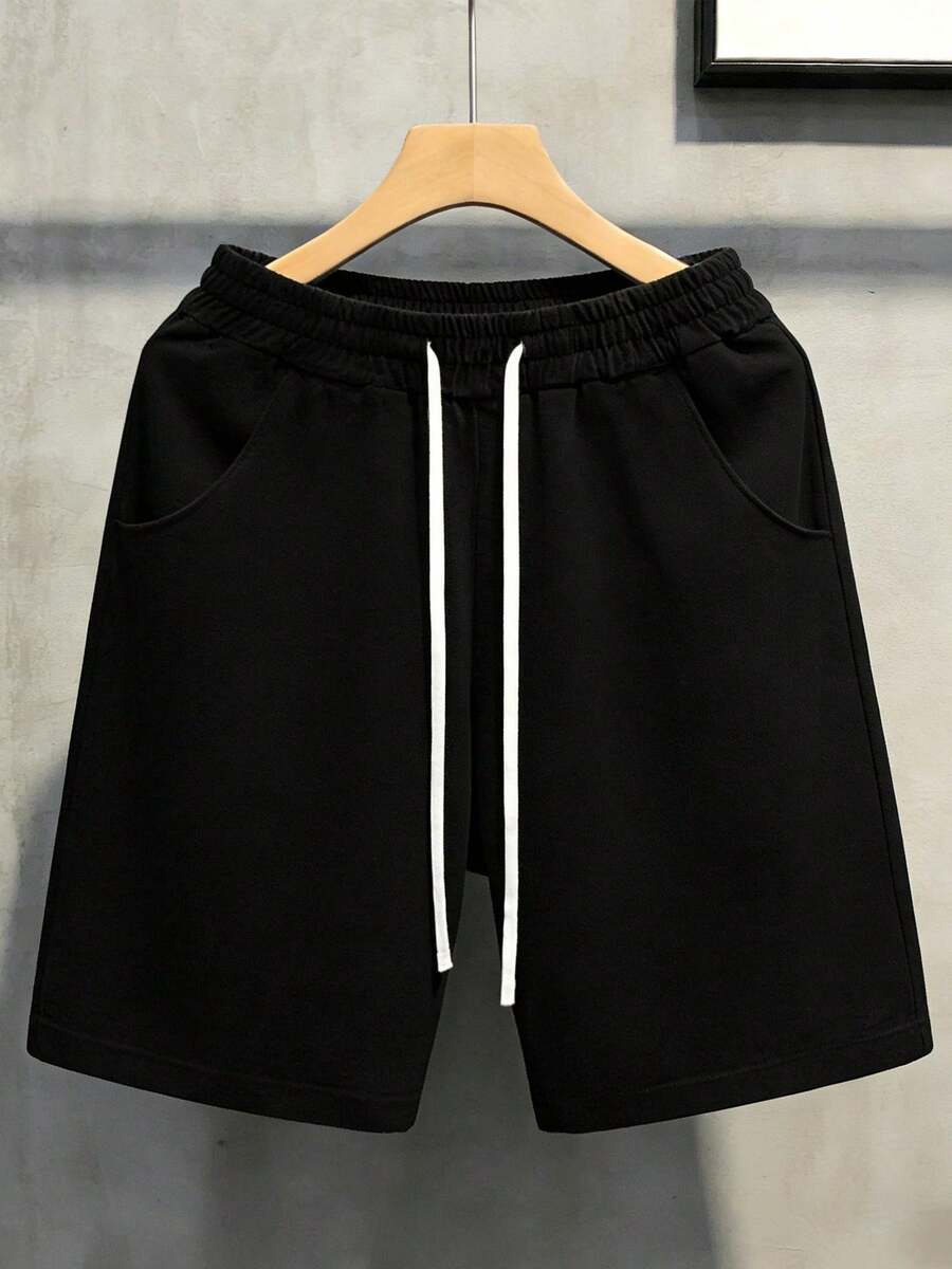 EWH Unisex Casual Solid White Knit Shorts For Men & Women, Elastic Drawstring Waist Loose Fit Knee-Length Bermuda Shorts With Pockets, Soft Breathable Cotton Blend Summer Lounge Shorts, Comfortable Everyday Streetwear For 2026 - 黑色 - 查看 1