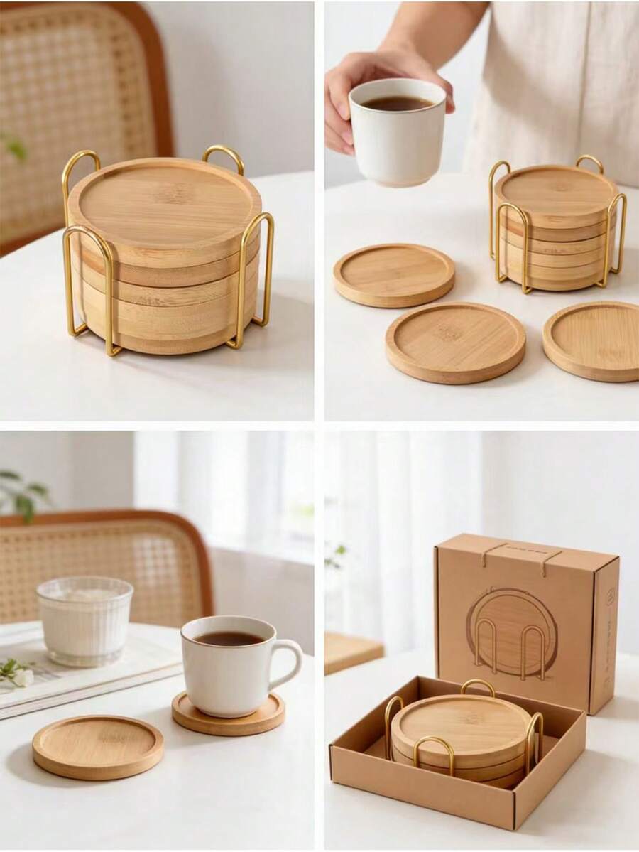 6pcs Bamboo Coasters With Tray - Multipurpose For Large Cups, Stemware, Coffee Mugs, Succulents, Natural Wooden Drink Coasters For Home, Kitchen, Bar Decor - Multicolor - View 1