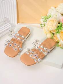 Girls' Clear Strap Rhinestone & Pearl Embellished Slide Sandals, Luxe Open Toe Party Shoes For Kids - Clear - View 5