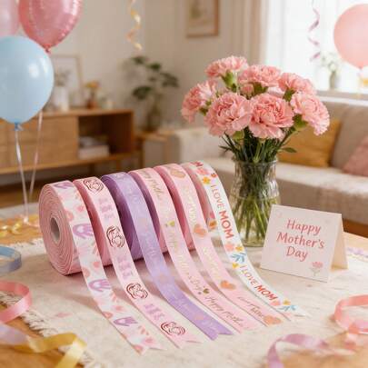 5 Yardas X 1.6cm de Ancho Cinta de Satén para el Día de la Madre, Cinta de Satén con Estampado Floral Rosa y Diseño con Patrón del Día de la Madre, Adecuada para Embalaje de Regalos del Día de la Madre, Cumpleaños, Acción de Gracias DIY