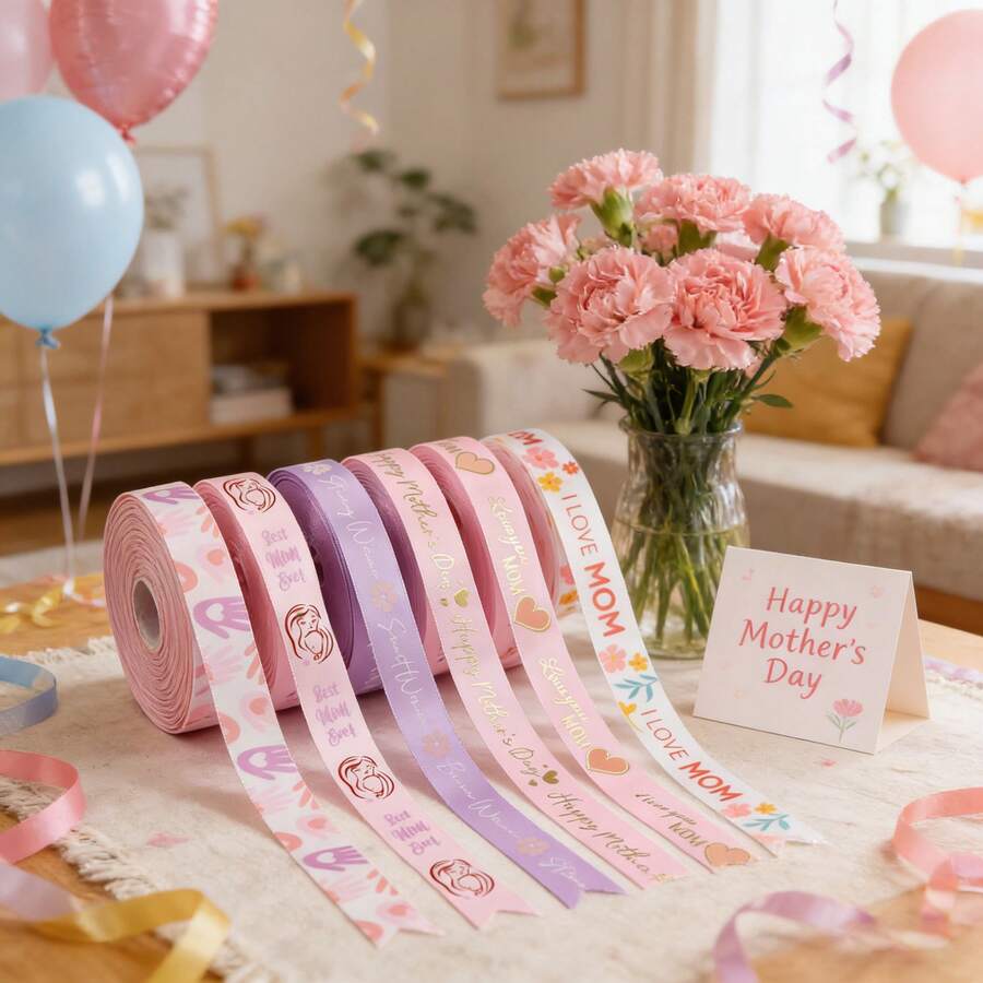 5 Metros X 1,6cm Fita de Cetim para o Dia das Mães, Fita de Cetim com Buquê Floral Rosa e Estampa Dourada com Desenho do Dia das Mães, Adequada para Embalagem DIY do Dia das Mães, Aniversário, Ação de Graças - multicolorido - Visão 1