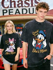 Disney Officially Licensed Graphic T Shirts 100 Percent Cotton  Shirt,  & Daisy Duck Couple T-Shirt, Unisex, Washed 230g, Retro Vintage, Crew Neck Short Sleeve, Casual Daily Wear - 黑2 - 查看 1