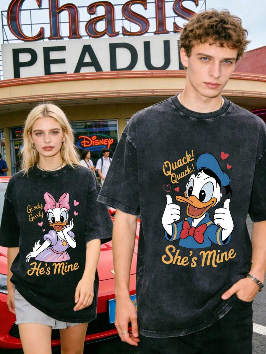 Disney Officially Licensed Graphic T Shirts 100 Percent Cotton  Shirt,  & Daisy Duck Couple T-Shirt, Unisex, Washed 230g, Retro Vintage, Crew Neck Short Sleeve, Casual Daily Wear - 黑2 - 查看 1