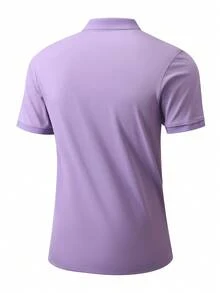 男士夏季純色短袖休閒通勤鈕扣 Polo 衫，適合高爾夫運動，黑色 Polo 衫 - 淡紫色 - 查看 4